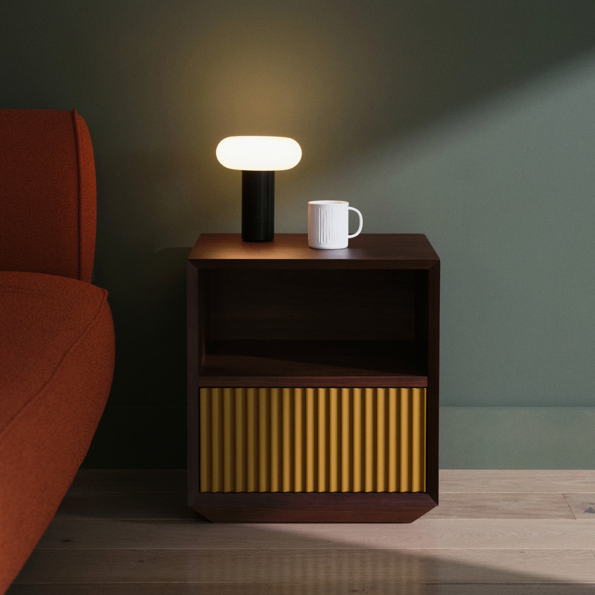 Pillar 1-Drawer Bedside Table Walnut & Ochre