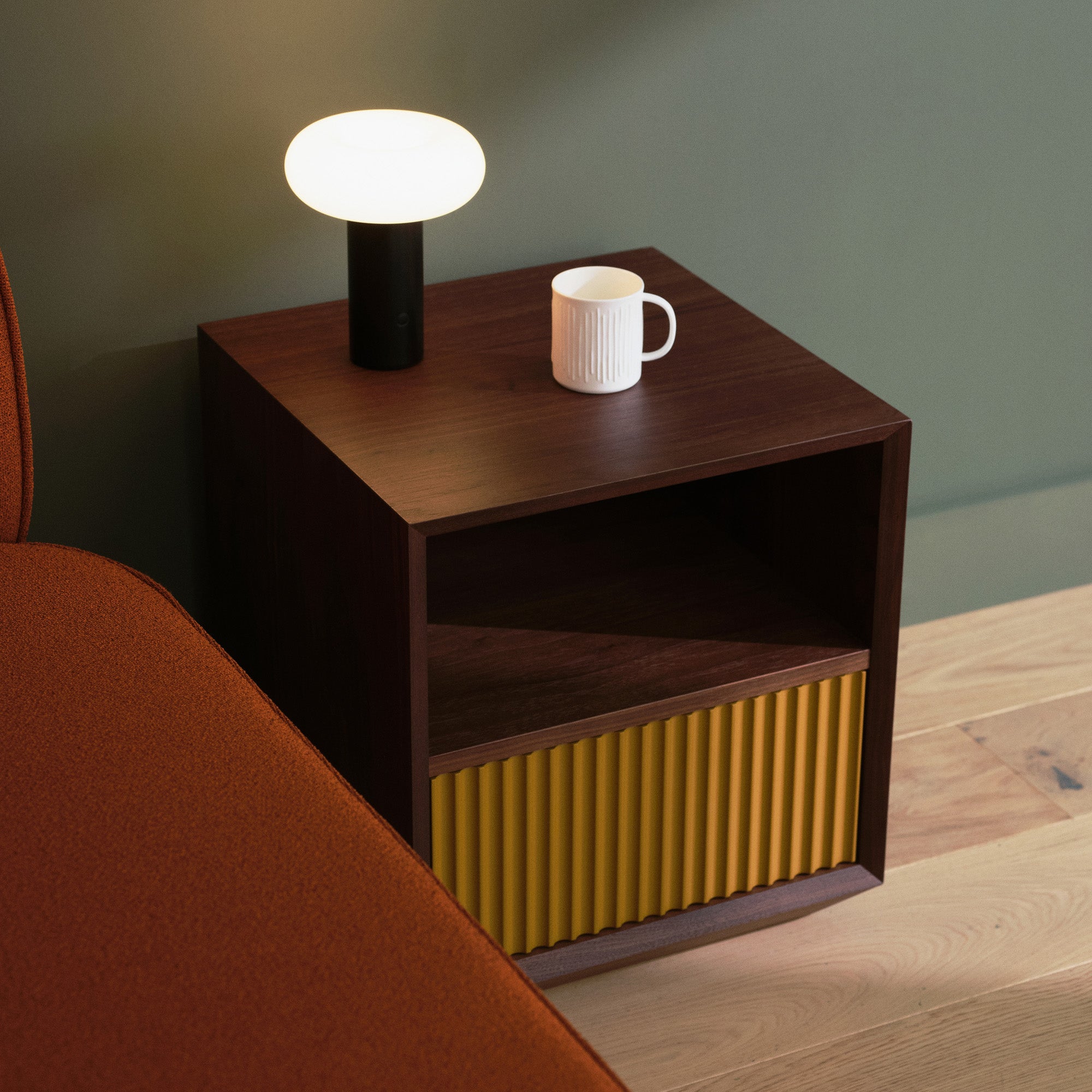 Pillar 1-Drawer Bedside Table Walnut & Ochre